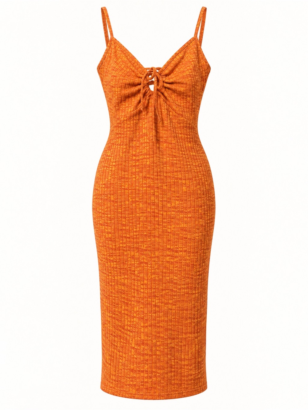 H&M Orange Ribbed Knit Midi Dress XS Front Tie Keyhole Bodycon NWT
